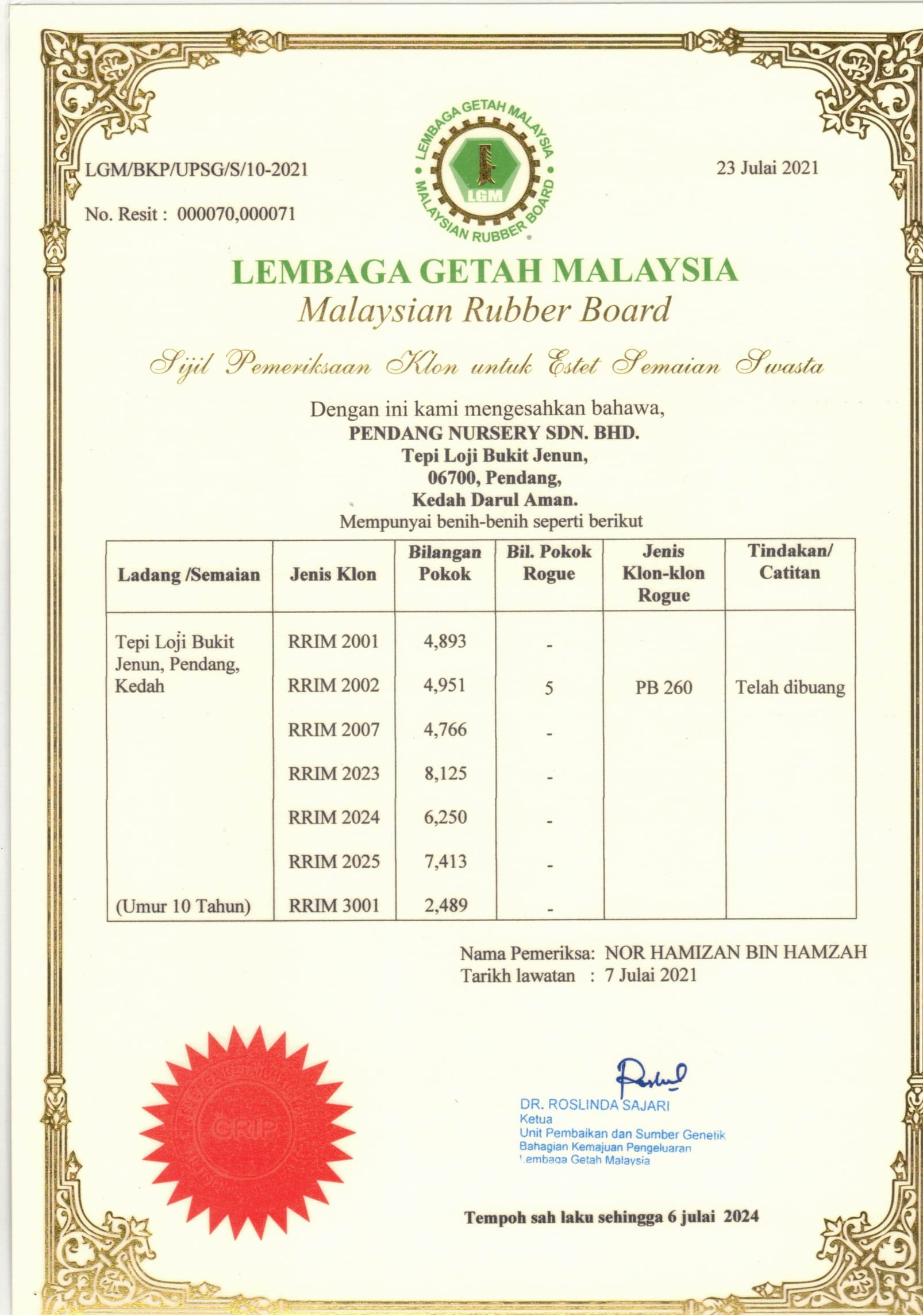 LEMBAGA GETAH MALAYSIA certificate